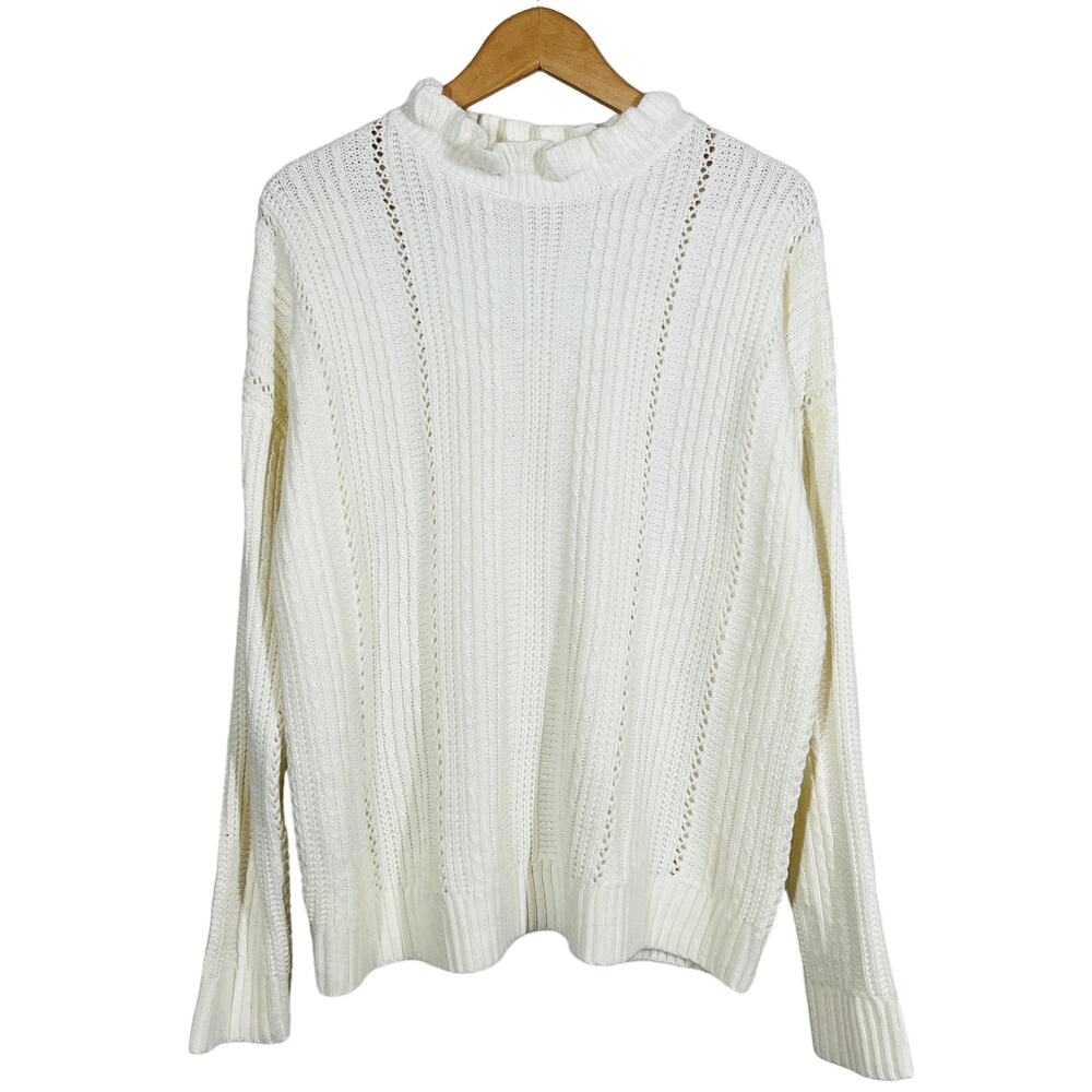 Mustard Seed Cable Knit Ruffle Neck Sweater Cream Casual Knit Long Slv - L